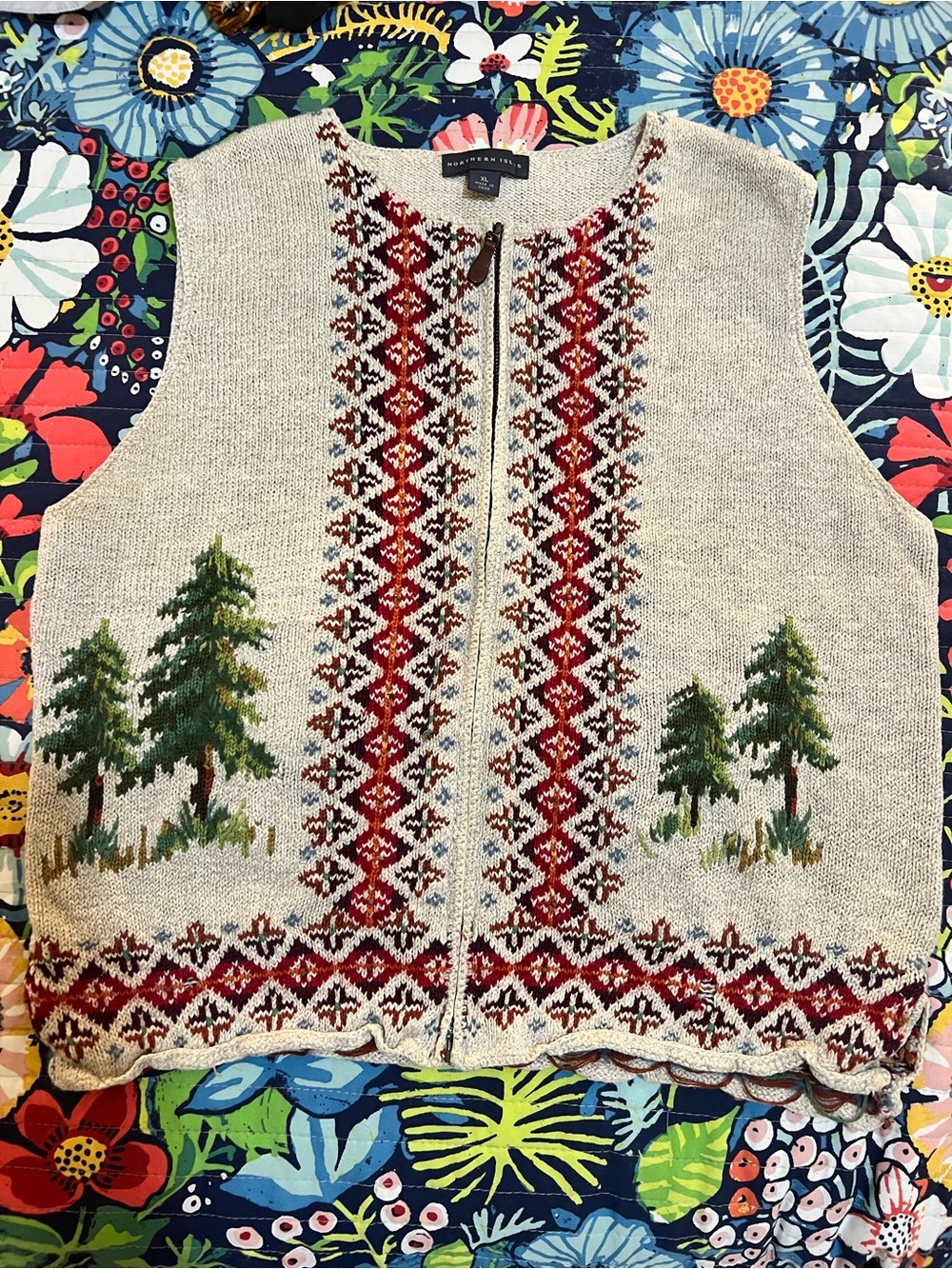 Northern Isles Vintage Canoe & Pine Trees Scene Zip-Front Fair Isle Sweater Vest